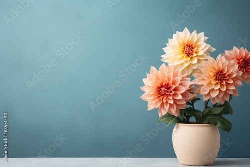 dahlia flowers in a clay pot, minimalism, pastel background, reality, stock photography