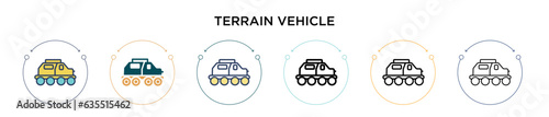 Terrain vehicle icon in filled, thin line, outline and stroke style. Vector illustration of two colored and black terrain vehicle vector icons designs can be used for mobile, ui, web
