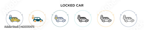 Locked car icon in filled, thin line, outline and stroke style. Vector illustration of two colored and black locked car vector icons designs can be used for mobile, ui, web