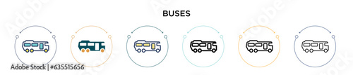 Buses icon in filled, thin line, outline and stroke style. Vector illustration of two colored and black buses vector icons designs can be used for mobile, ui, web