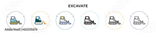 Excavate icon in filled, thin line, outline and stroke style. Vector illustration of two colored and black excavate vector icons designs can be used for mobile, ui, web
