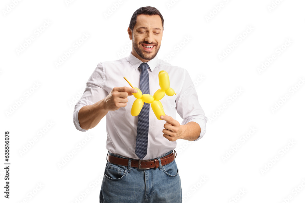 Businessman holding a dog made from a balloon Businessman holding a dog made from a balloon
