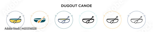 Dugout canoe icon in filled, thin line, outline and stroke style. Vector illustration of two colored and black dugout canoe vector icons designs can be used for mobile, ui, web