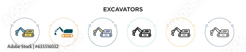 Excavators icon in filled, thin line, outline and stroke style. Vector illustration of two colored and black excavators vector icons designs can be used for mobile, ui, web