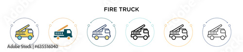 Fire truck icon in filled, thin line, outline and stroke style. Vector illustration of two colored and black fire truck vector icons designs can be used for mobile, ui, web