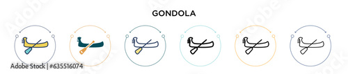 Gondola icon in filled, thin line, outline and stroke style. Vector illustration of two colored and black gondola vector icons designs can be used for mobile, ui, web