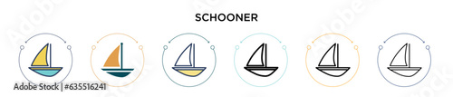 Schooner icon in filled, thin line, outline and stroke style. Vector illustration of two colored and black schooner vector icons designs can be used for mobile, ui, web