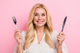 Photo portrait of lovely blonde woman hold knife fork ready eat hungry wear trendy white garment isolated on pink color background