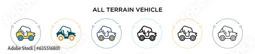 All terrain vehicle icon in filled, thin line, outline and stroke style. Vector illustration of two colored and black all terrain vehicle vector icons designs can be used for mobile, ui, web