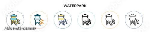 Waterpark icon in filled, thin line, outline and stroke style. Vector illustration of two colored and black waterpark vector icons designs can be used for mobile, ui, web