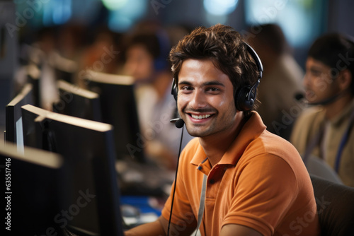 Fotografiet Indian call centre - Asian Male Customer Representative communicating with custo