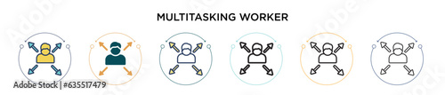 Multitasking worker icon in filled, thin line, outline and stroke style. Vector illustration of two colored and black multitasking worker vector icons designs can be used for mobile, ui, web