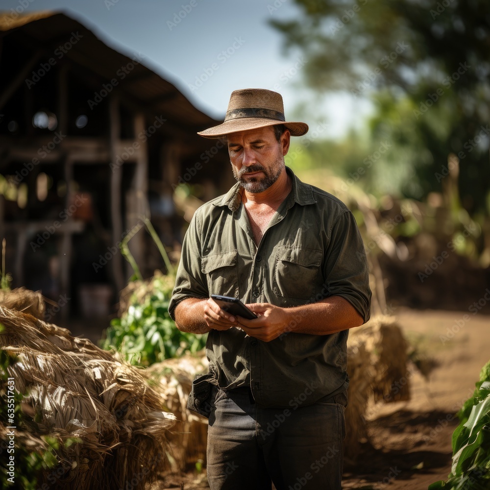 Um fazendeiro mechendo no celular, agricultor resolvendo problemas, preocupado, homem do campo.