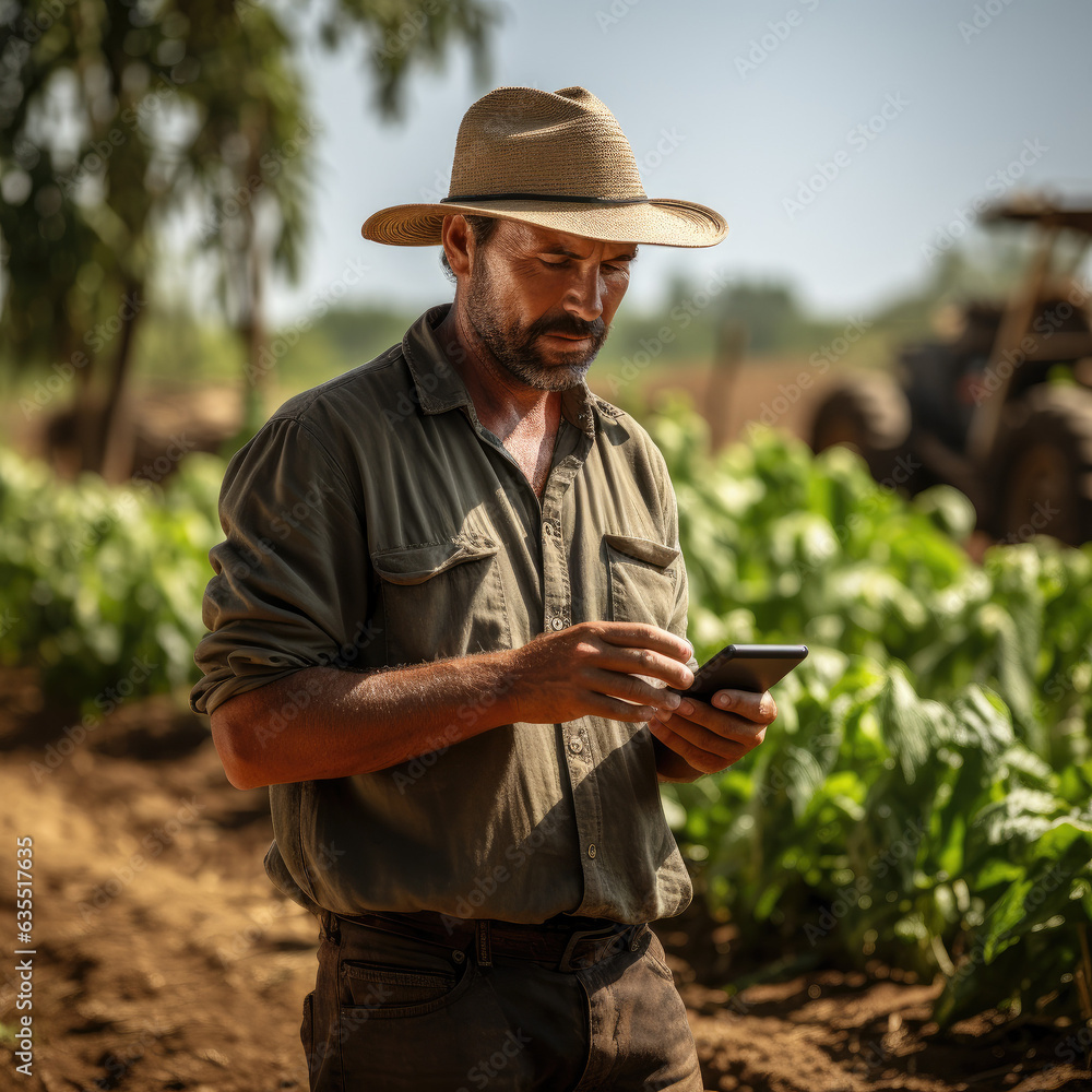 Um fazendeiro mechendo no celular, agricultor resolvendo problemas, preocupado, homem do campo. Um fazendeiro mechendo no celular, agricultor resolvendo problemas, preocupado, homem do campo.