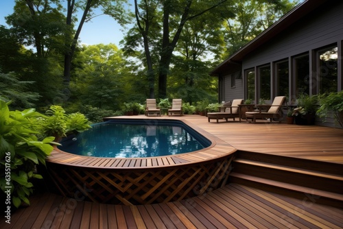 outdoor pool surrounded by a deck made of dark wood (Generative AI)