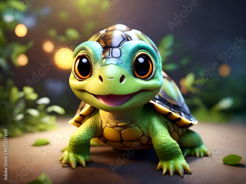 3D Cute smile little turtle kawaii character Realistic hatchling with big eyes, Generative AI © mizan