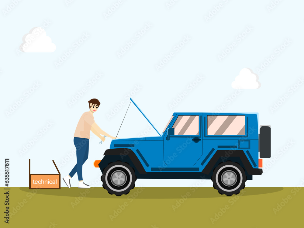 teenager man inspecting car repairs Parked in the back gardenIsolated on background. Technical check repair mobile car home. Vector illustration cartoon style activity weekend, relax time, happy life teenager man inspecting car repairs Parked in the back gardenIsolated on background. Technical check repair mobile car home. Vector illustration cartoon style activity weekend, relax time, happy life