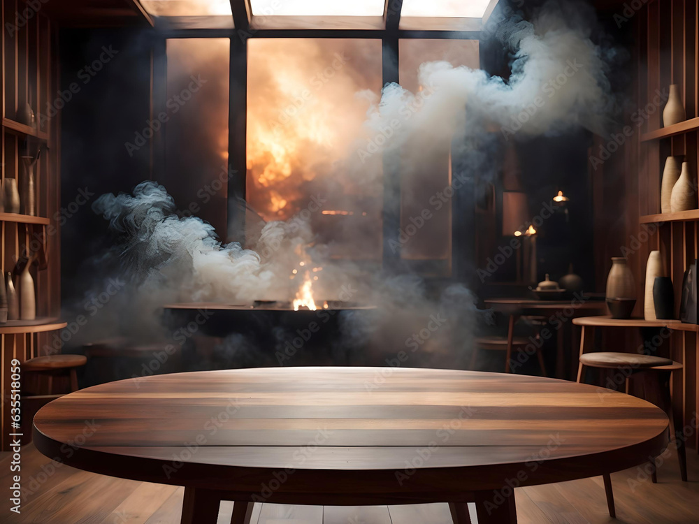3d wooden table looking out to a smoky room, Generative AI