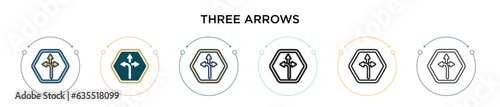 Three arrows icon in filled, thin line, outline and stroke style. Vector illustration of two colored and black three arrows vector icons designs can be used for mobile, ui, web