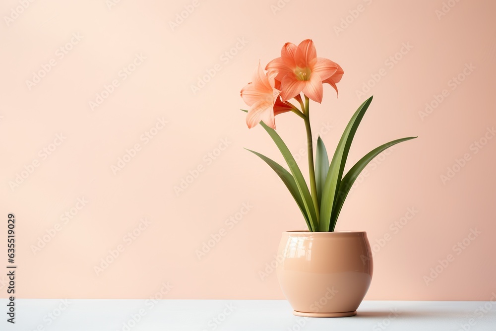 Hippeastrum plant in a clay pot, minimalism, pastel background, reality, stock photography Hippeastrum plant in a clay pot, minimalism, pastel background, reality, stock photography