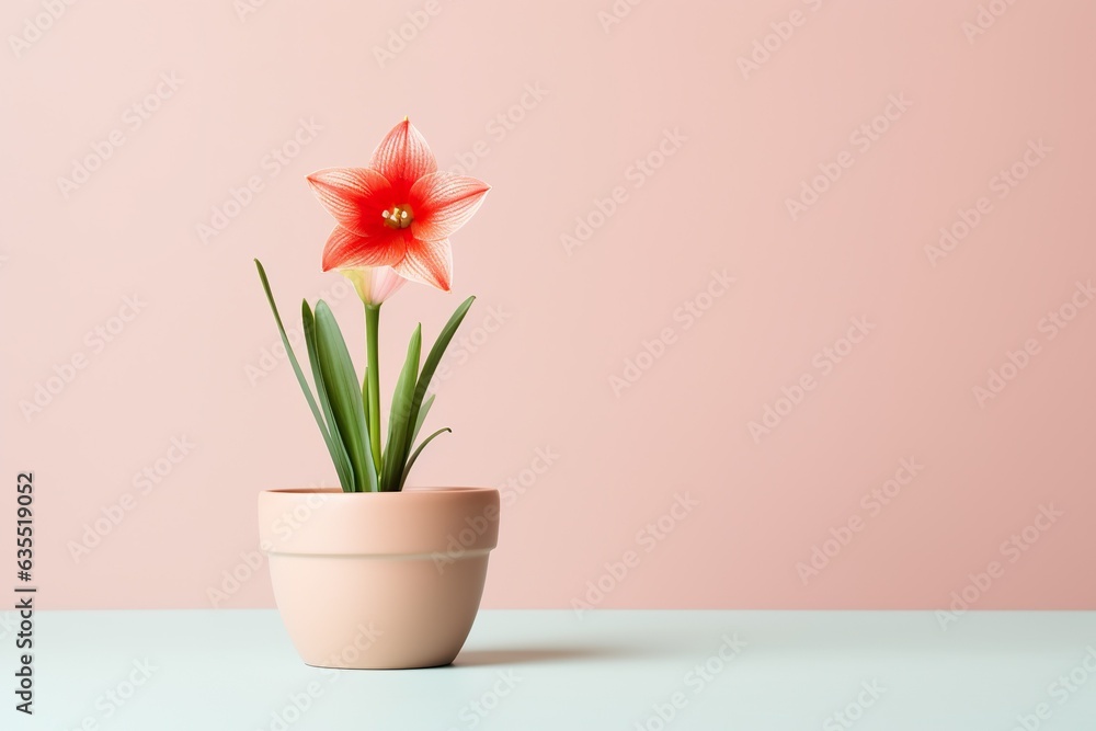 Hippeastrum plant in a clay pot, minimalism, pastel background, reality, stock photography Hippeastrum plant in a clay pot, minimalism, pastel background, reality, stock photography