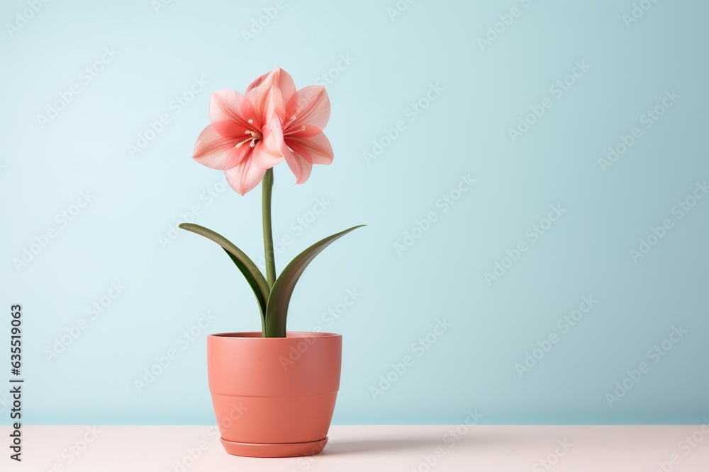 Hippeastrum plant in a clay pot, minimalism, pastel background, reality, stock photography Hippeastrum plant in a clay pot, minimalism, pastel background, reality, stock photography