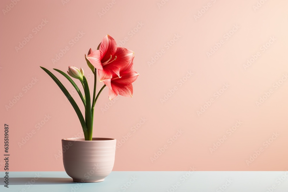 Hippeastrum plant in a clay pot, minimalism, pastel background, reality, stock photography
