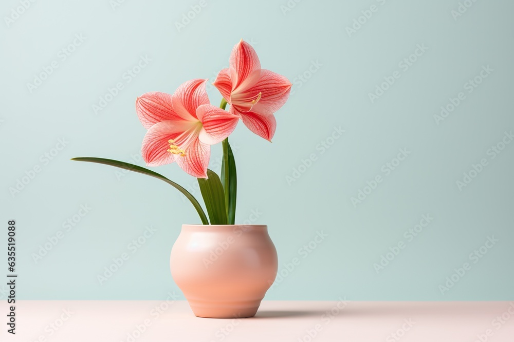 Hippeastrum plant in a clay pot, minimalism, pastel background, reality, stock photography Hippeastrum plant in a clay pot, minimalism, pastel background, reality, stock photography
