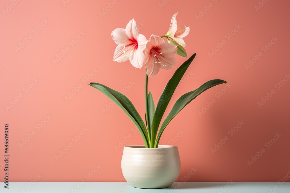 Hippeastrum plant in a clay pot, minimalism, pastel background, reality, stock photography