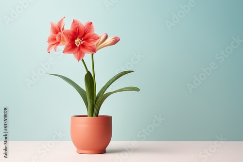 Hippeastrum plant in a clay pot, minimalism, pastel background, reality, stock photography © JetHuynh