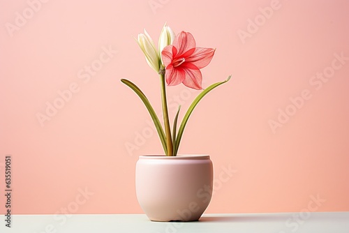 Hippeastrum plant in a clay pot  minimalism  pastel background  reality  stock photography