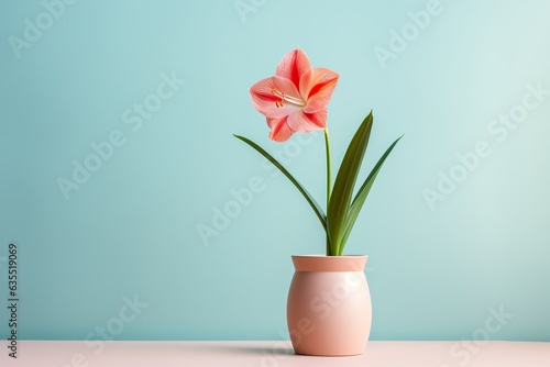 Hippeastrum plant in a clay pot  minimalism  pastel background  reality  stock photography