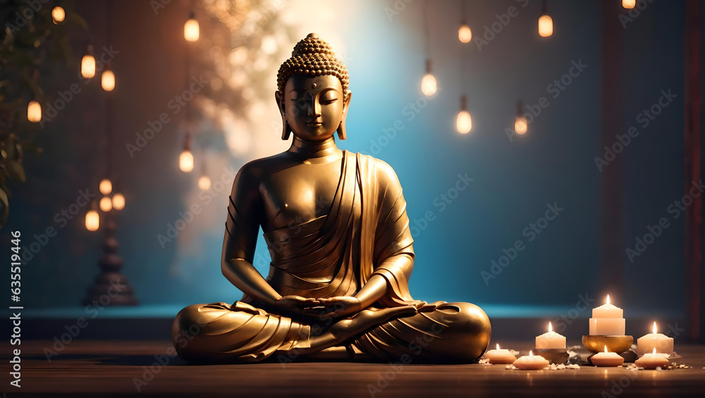 A serene and peaceful image of a Buddha statue in a cross-legged meditation pose, Generative IA