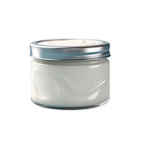 Creamy white substance in metal container against transparent background