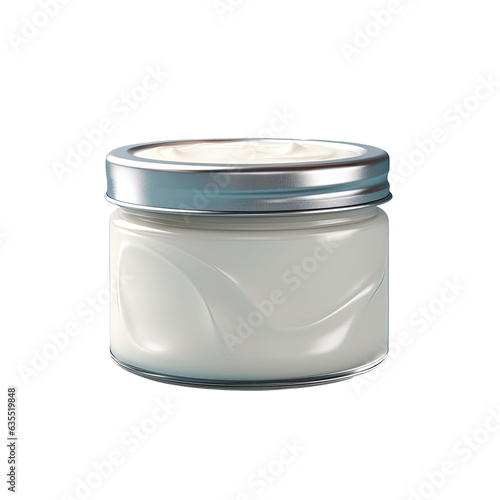 Creamy white substance in metal container against transparent background