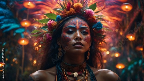 A woman with a vibrant feathered headdress