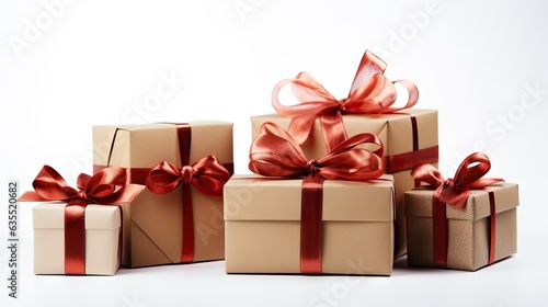Wrapped vintage gift box with red ribbon bow, isolated on white created with Generative AI technology