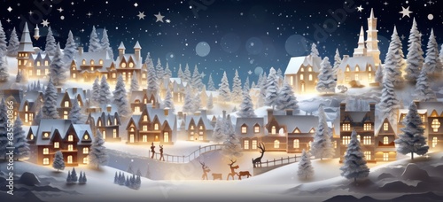 Snowy winter village illuminated by Christmas lights. Merry Christmas concept. photo