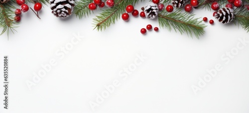 Elegant Christmas frame featuring red berries and white backdrop. Concept of holiday card.