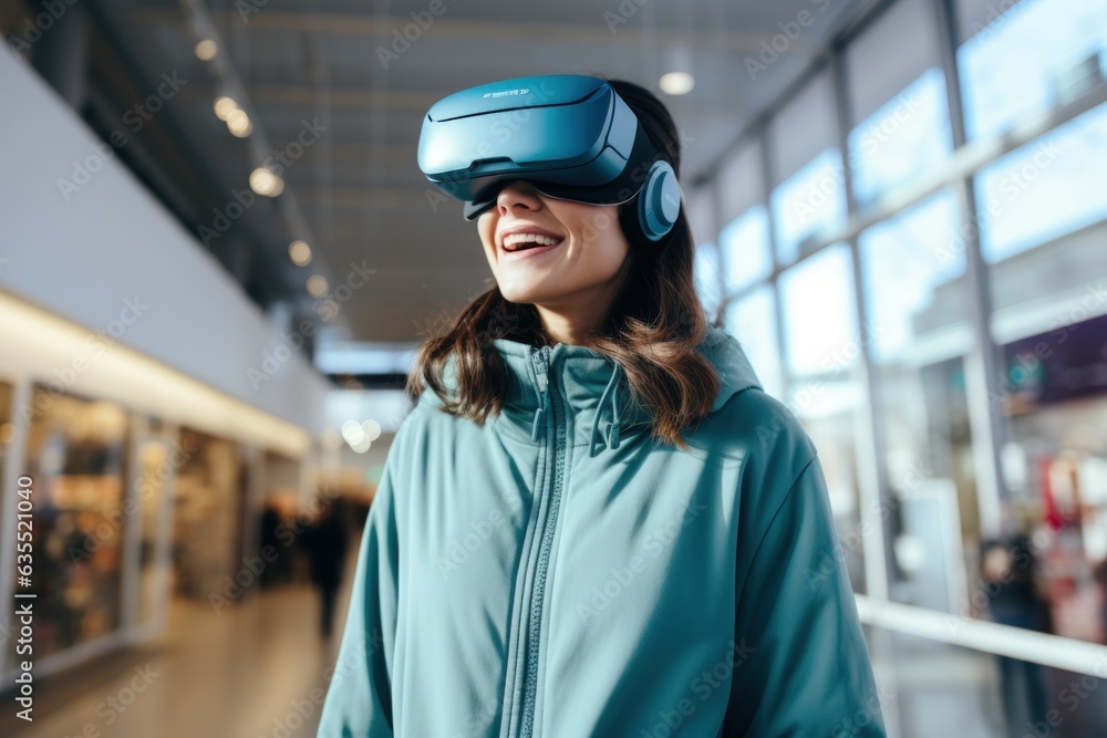 Woman wearing vr glass, virtual reality headsets and using virtual assistant for shopping product. generative ai Woman wearing vr glass, virtual reality headsets and using virtual assistant for shopping product. generative ai
