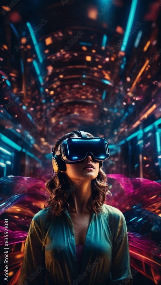 A woman immersed in virtual reality with a headset on