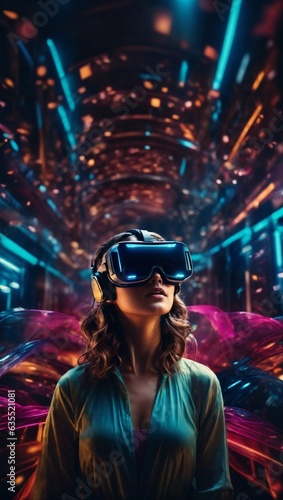 A woman immersed in virtual reality with a headset on