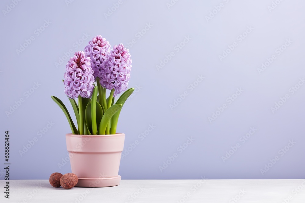 hyacinth flowers in a clay pot, minimalism, pastel background, reality, stock photography with copy space hyacinth flowers in a clay pot, minimalism, pastel background, reality, stock photography with copy space