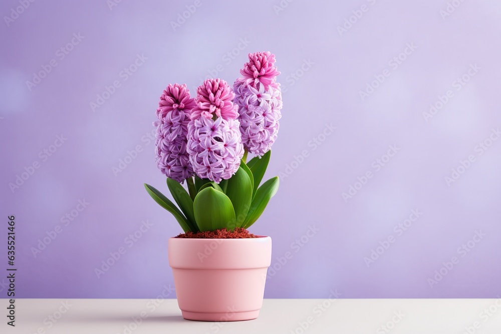 hyacinth flowers in a clay pot, minimalism, pastel background, reality, stock photography with copy space hyacinth flowers in a clay pot, minimalism, pastel background, reality, stock photography with copy space