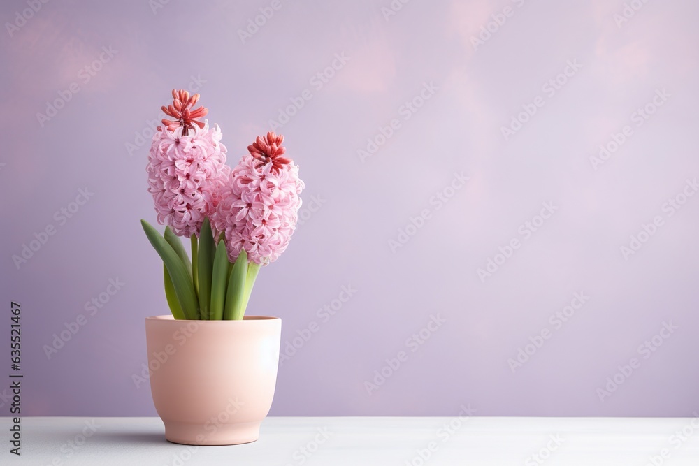 hyacinth flowers in a clay pot, minimalism, pastel background, reality, stock photography with copy space