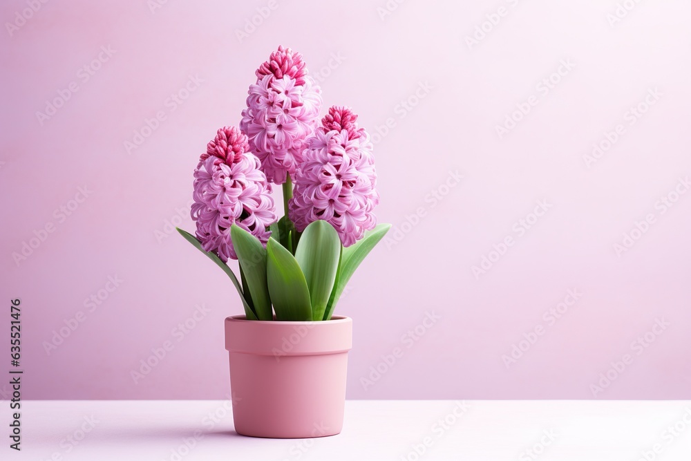 hyacinth flowers in a clay pot, minimalism, pastel background, reality, stock photography with copy space