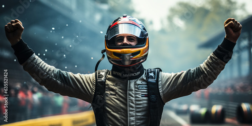 Fotografie, Obraz Race Car Driver Soaks in the Moment of Victory: A race car driver soaks in the moment of victory, his face beaming with happiness