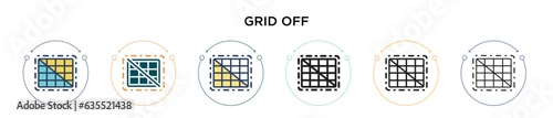 Grid off icon in filled, thin line, outline and stroke style. Vector illustration of two colored and black grid off vector icons designs can be used for mobile, ui, web