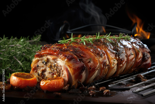 Classic baked pork porchetta with thin smoke, garnished with various herbs photo