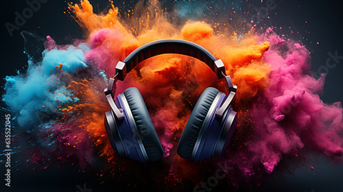 Headphones in a Sea of Color: A Surreal Music Festival Image: Headphones in a sea of vivid color powder, creating a surreal and dreamlike image of a music festival.